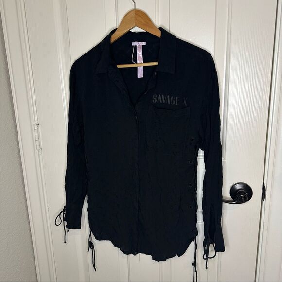 Savage X Fenty Black Lace Up Sides Voile Monogram Button Down Sleep Shirt Sz XS - Picture 2 of 7